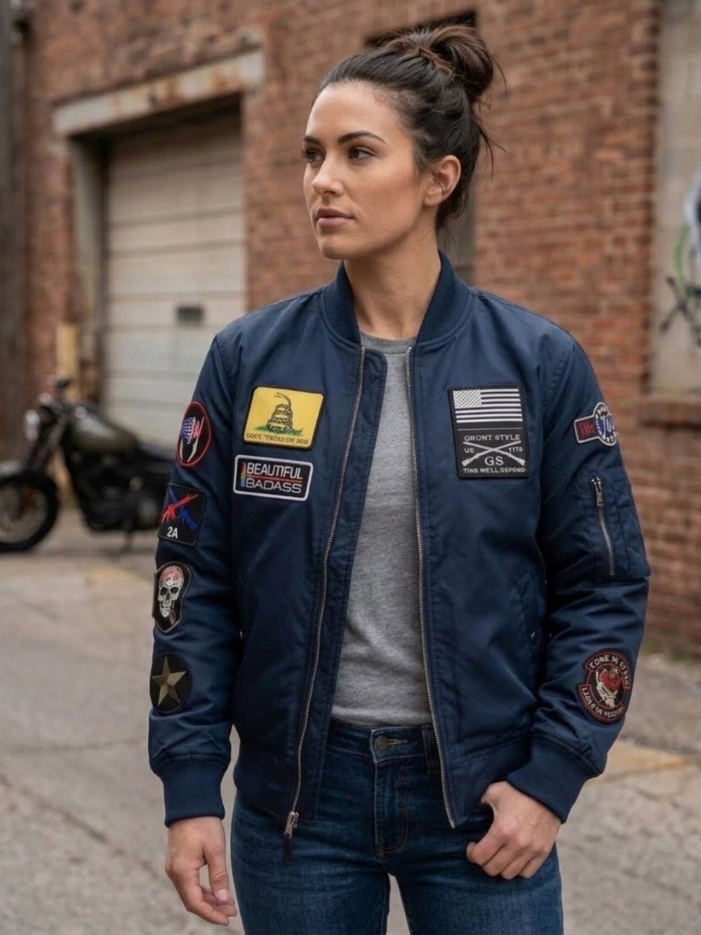 Grunt Style Women Blue Bomber Jacket Zip Front Logo Patch Pockets Size S EUC